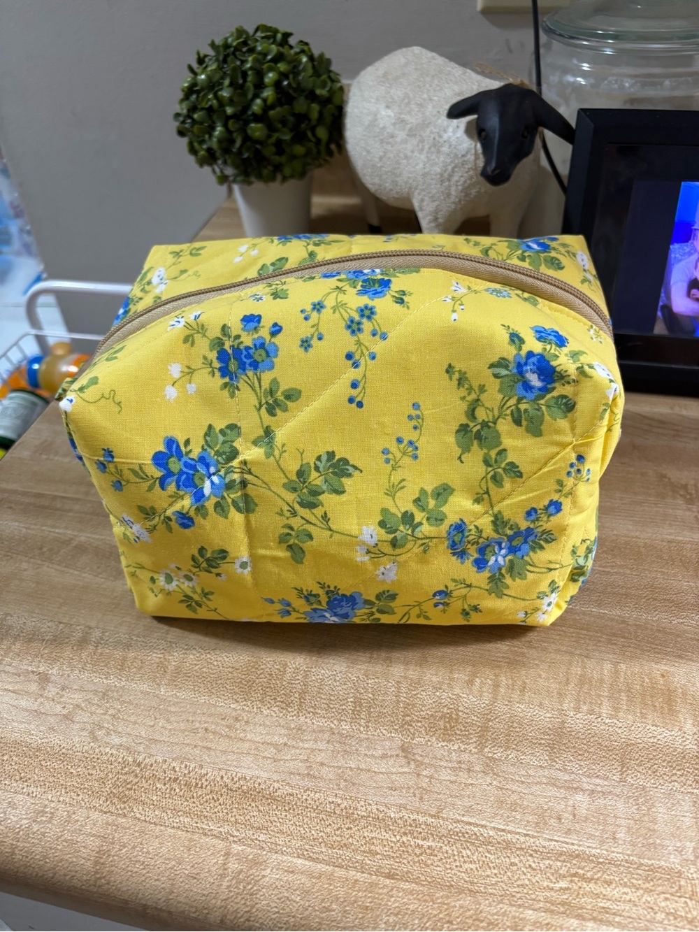 Yellow Floral Cosmetic Pouch with Blue Roses